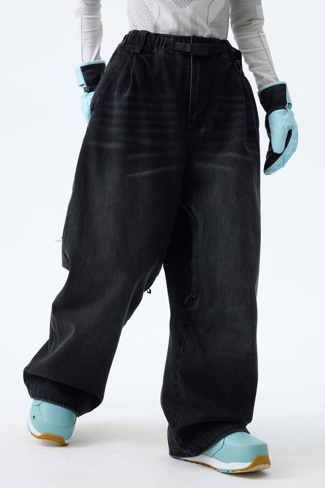 Women's Washed Black Real Denim Vintage-Wash Baggy Snow Pants