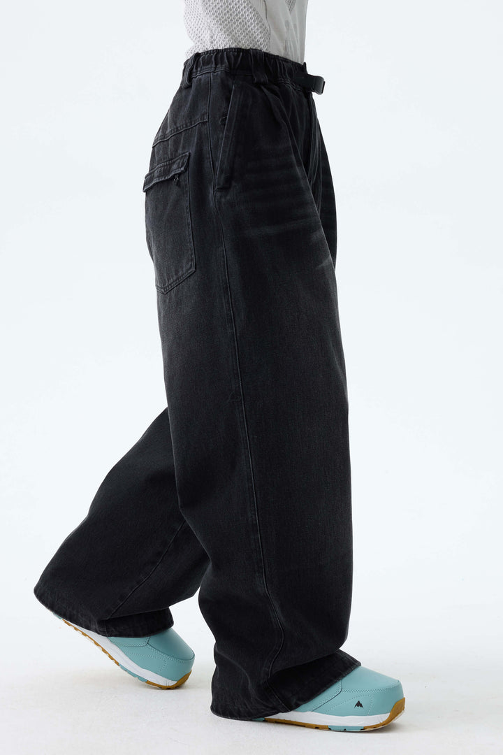 Women's Washed Black Real Denim Vintage-Wash Baggy Snow Pants