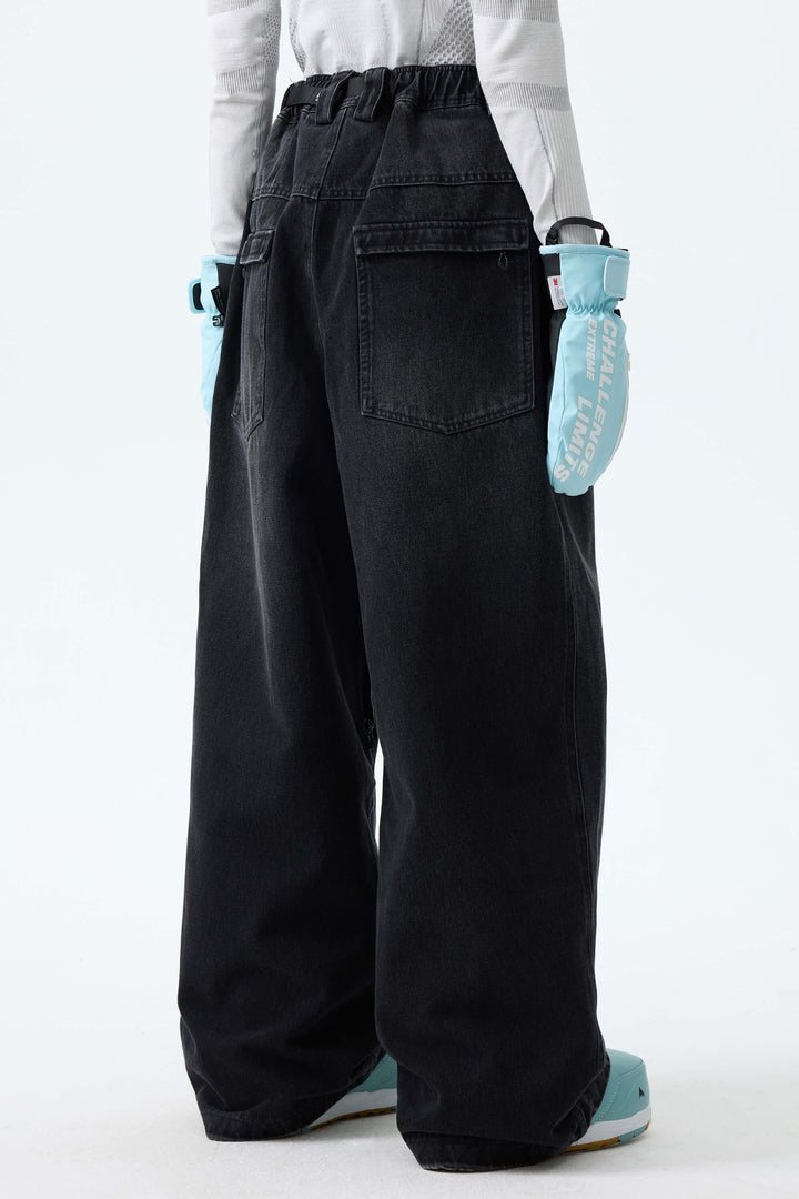 Women's Washed Black Real Denim Vintage-Wash Baggy Snow Pants