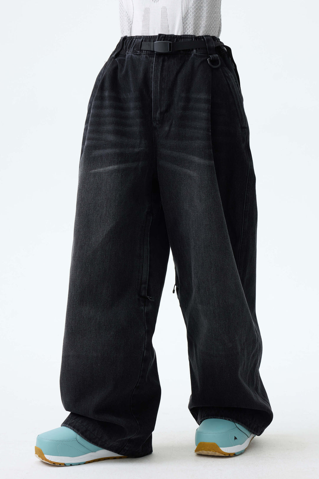 Women's Washed Black Real Denim Vintage-Wash Baggy Snow Pants