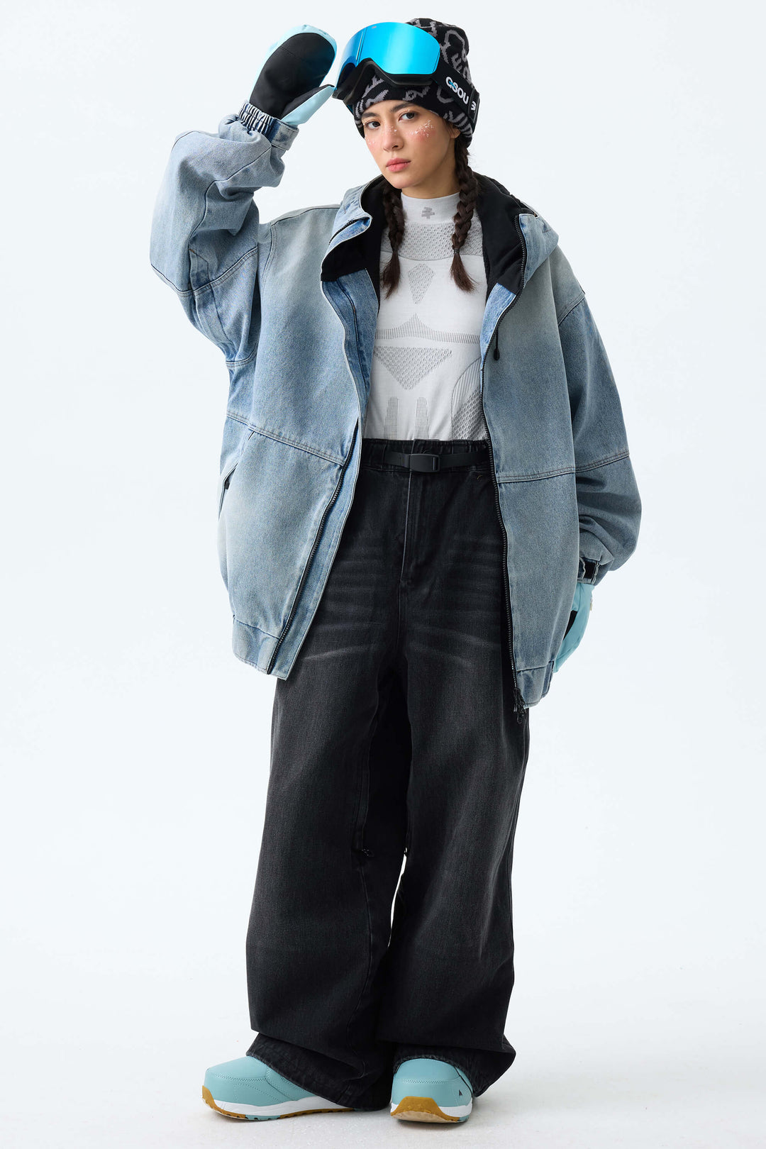 Women's Washed Black Real Denim Vintage-Wash Baggy Snow Pants