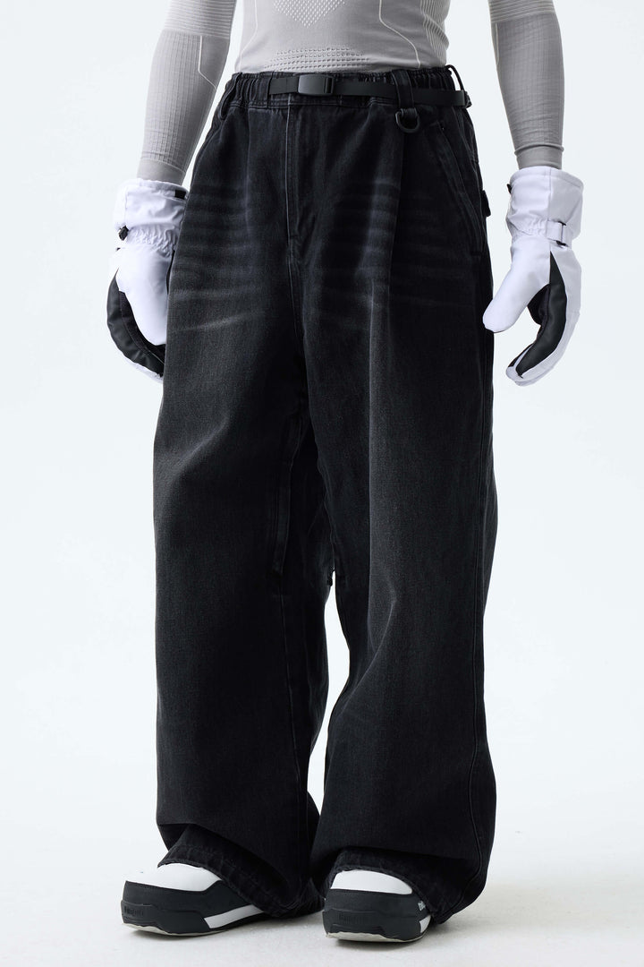 Men's Washed Black Real Denim Vintage-Wash Baggy Snow Pants