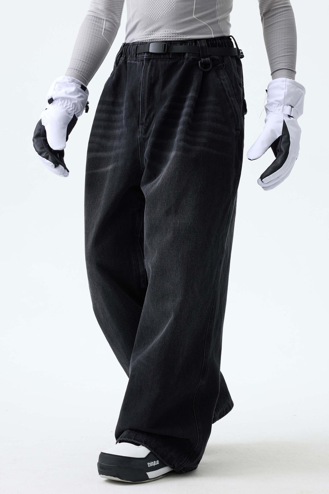 Men's Washed Black Real Denim Vintage-Wash Baggy Snow Pants