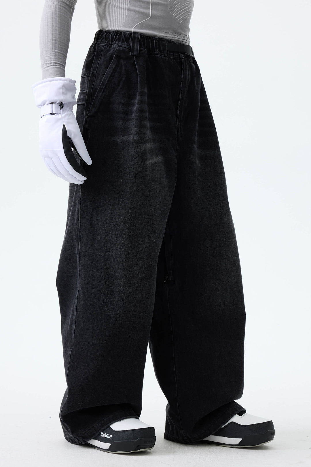 Men's Washed Black Real Denim Vintage-Wash Baggy Snow Pants