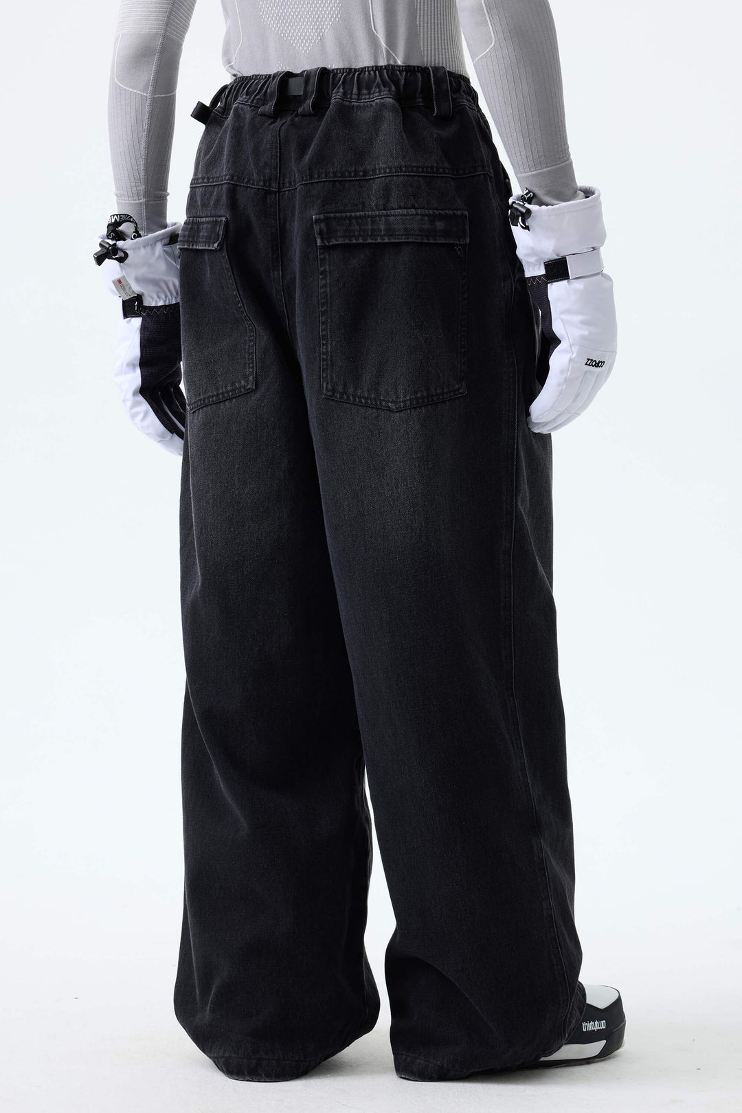 Men's Washed Black Real Denim Vintage-Wash Baggy Snow Pants