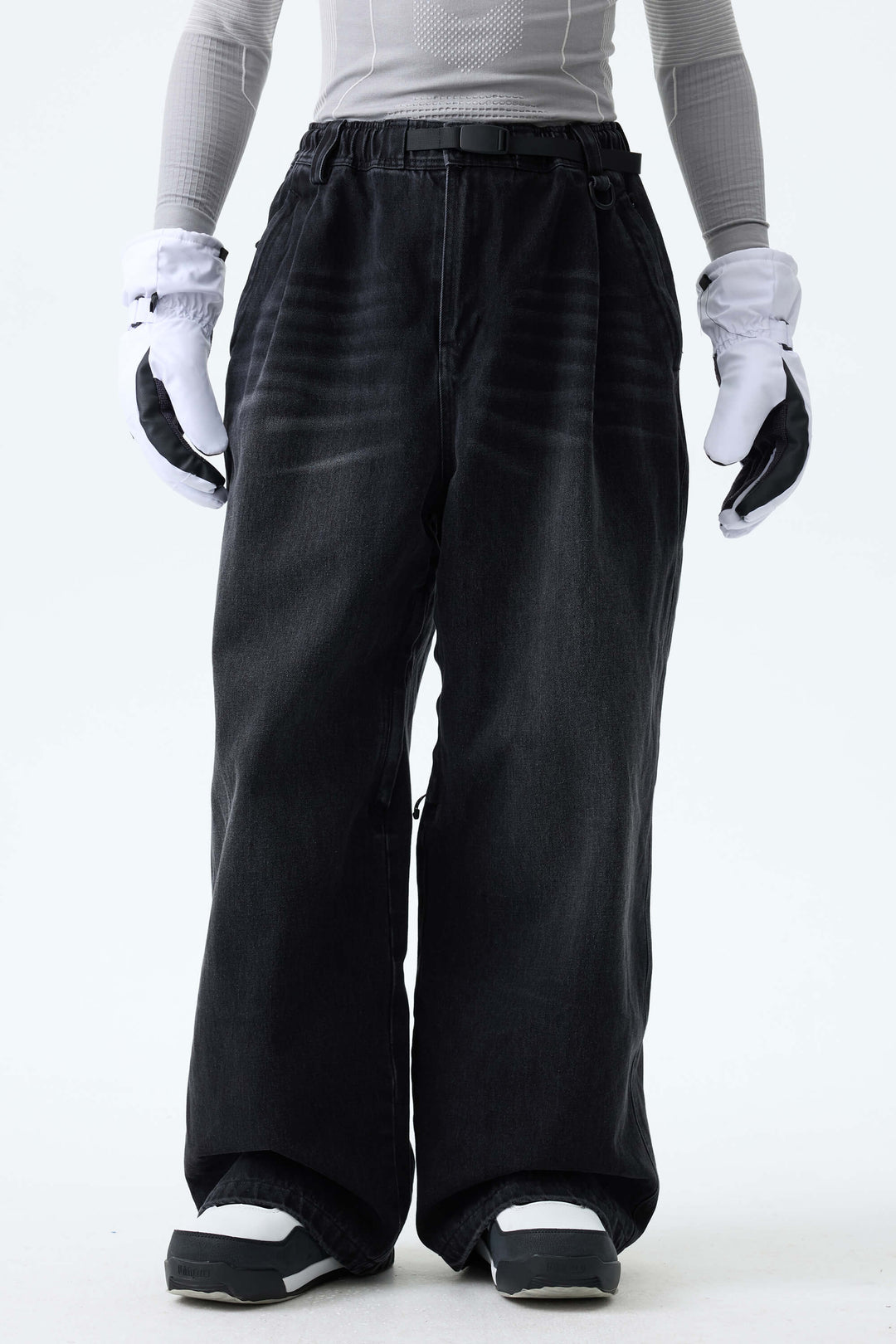 Men's Washed Black Real Denim Vintage-Wash Baggy Snow Pants
