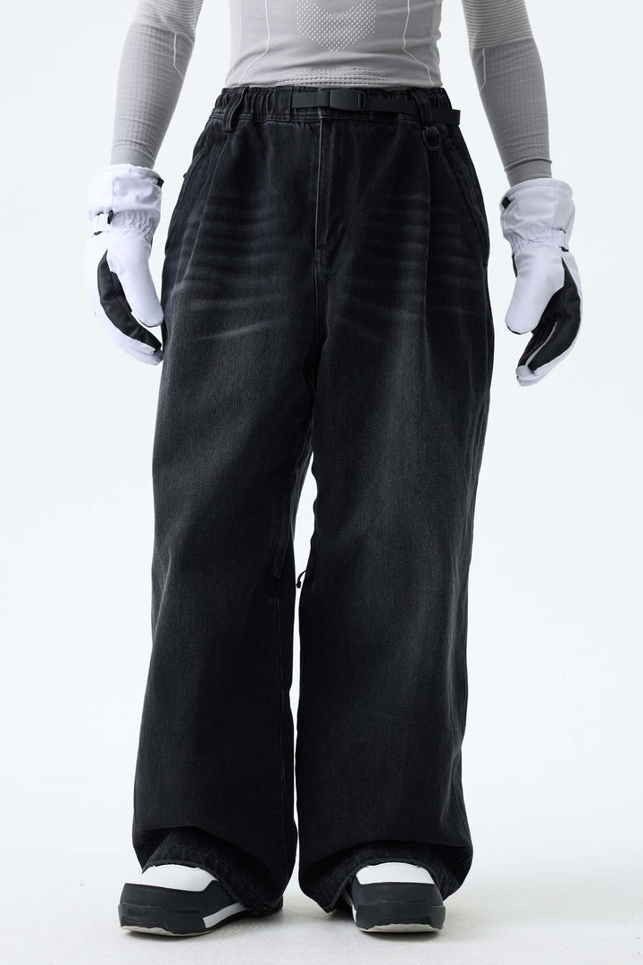 Men's Washed Black Real Denim Vintage-Wash Baggy Snow Pants