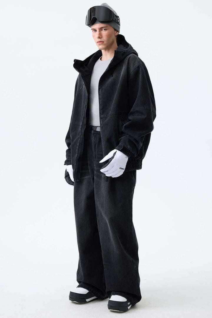 Men's Washed Black Real Denim Vintage-Wash Baggy Snow Pants