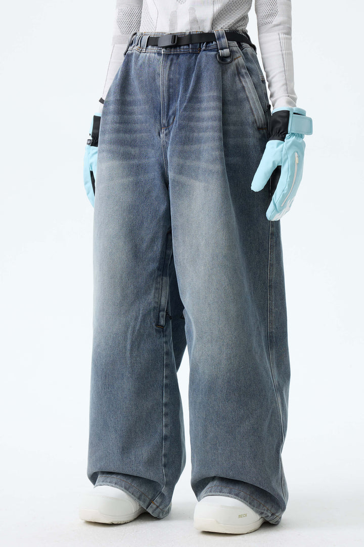 Women's Washed Black Real Denim Vintage-Wash Baggy Snow Pants