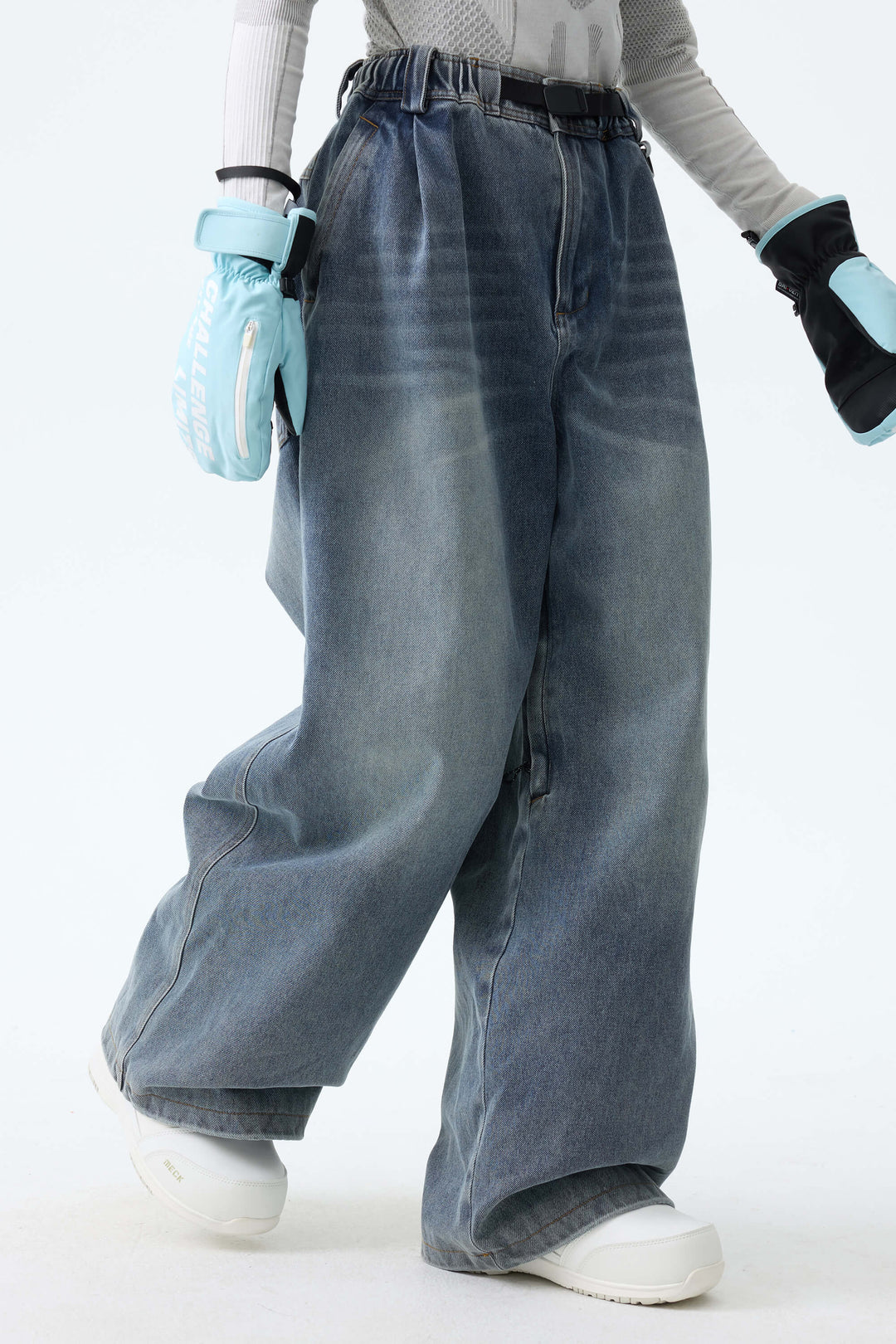 Women's Washed Olive Real Denim Vintage-Wash Baggy Snow Pants