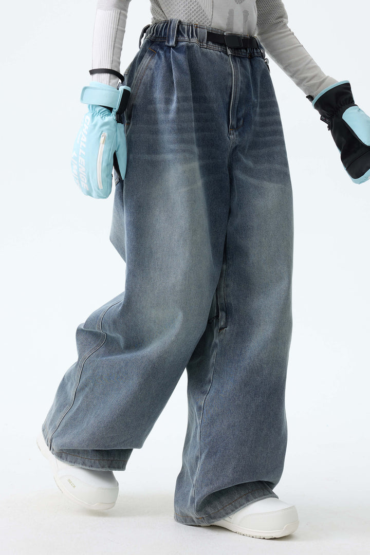 Women's Washed Olive Real Denim Vintage-Wash Baggy Snow Pants