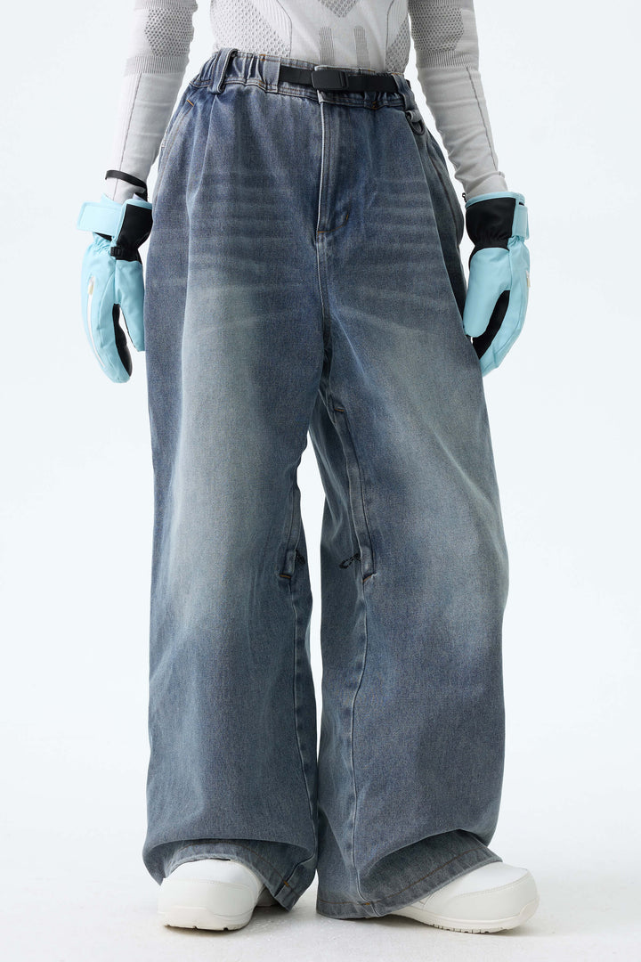 Women's Washed Black Real Denim Vintage-Wash Baggy Snow Pants