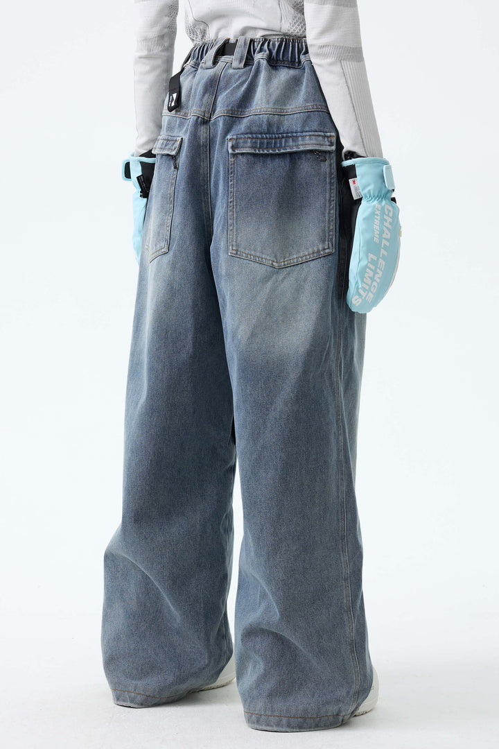 Women's Faded Indigo Real Denim Vintage-Wash Baggy Snow Pants