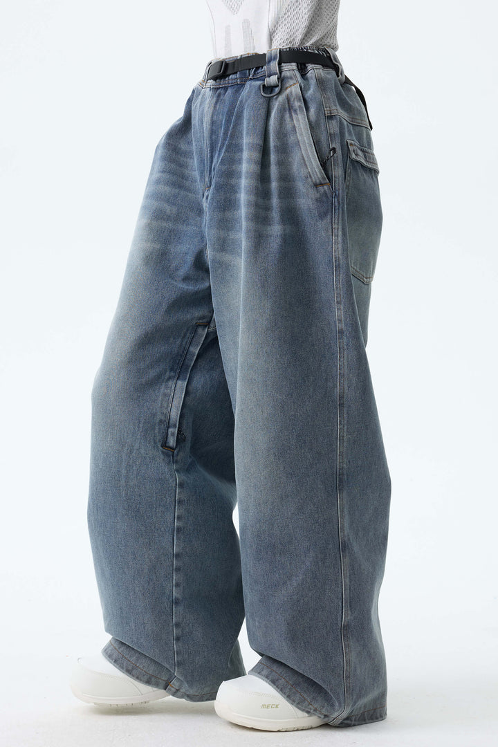 Women's Faded Indigo Real Denim Vintage-Wash Baggy Snow Pants