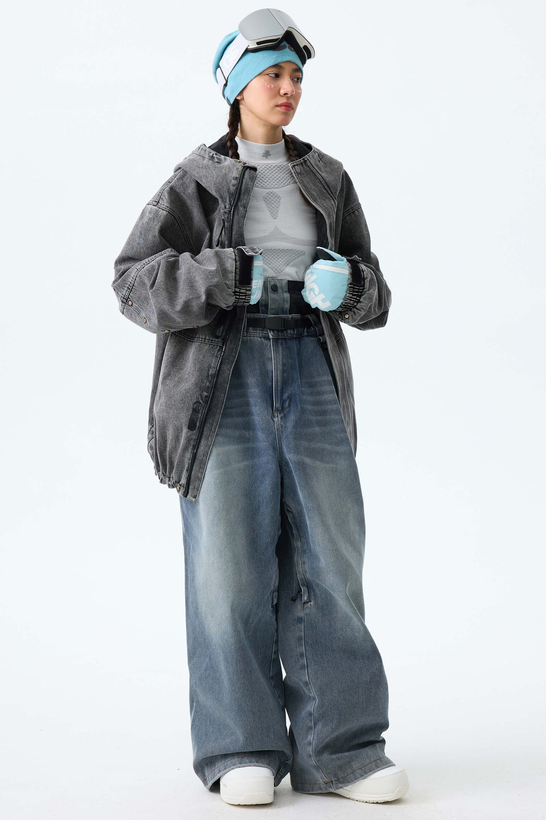 Women's Washed Black Real Denim Vintage-Wash Baggy Snow Pants