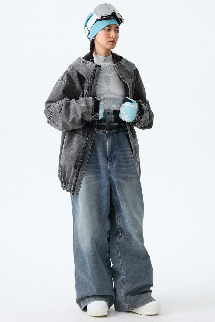Women's Washed Black Real Denim Vintage-Wash Baggy Snow Pants