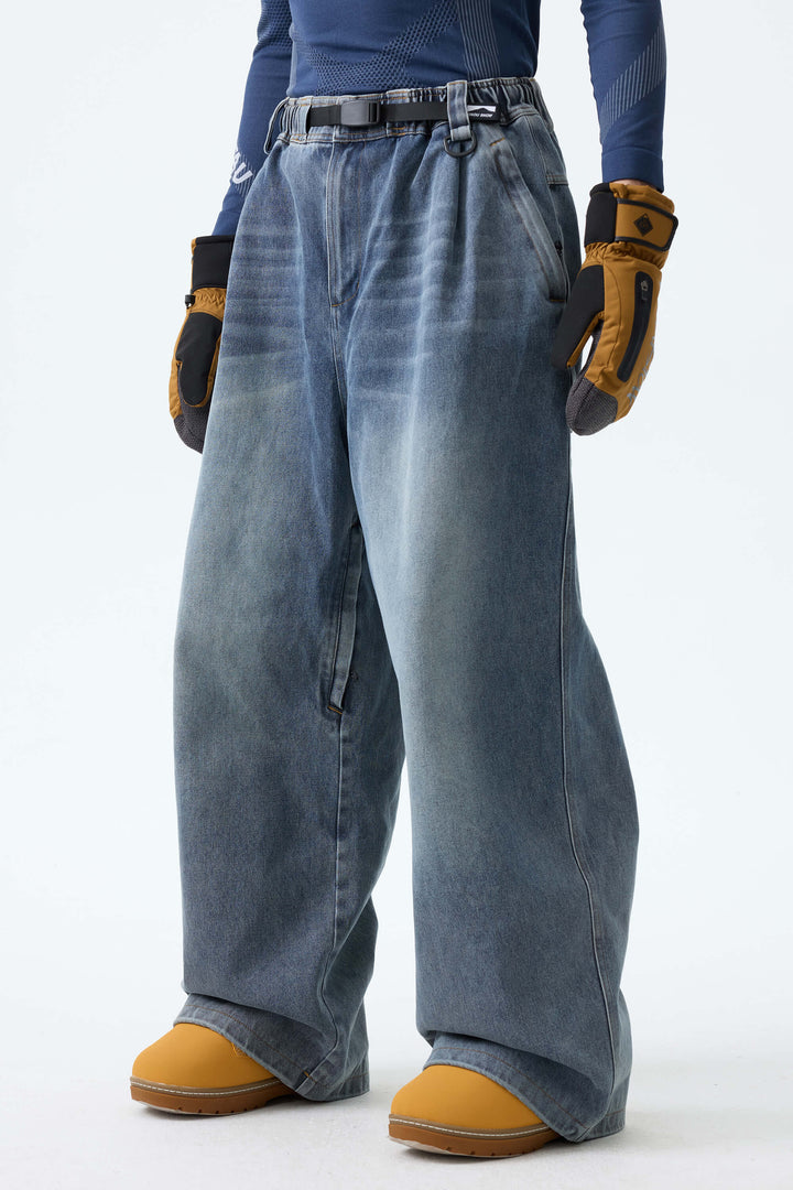 Men's Washed Black Real Denim Vintage-Wash Baggy Snow Pants