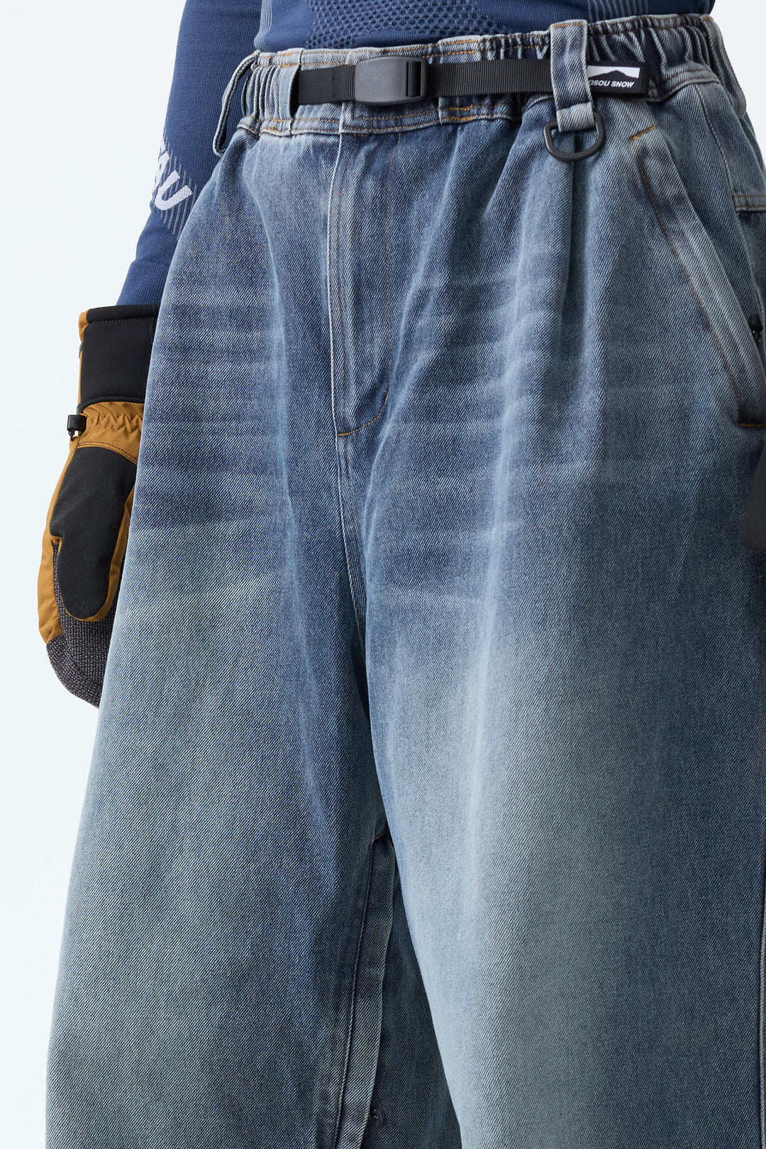 Men's Faded Indigo Real Denim Vintage-Wash Baggy Snow Pants