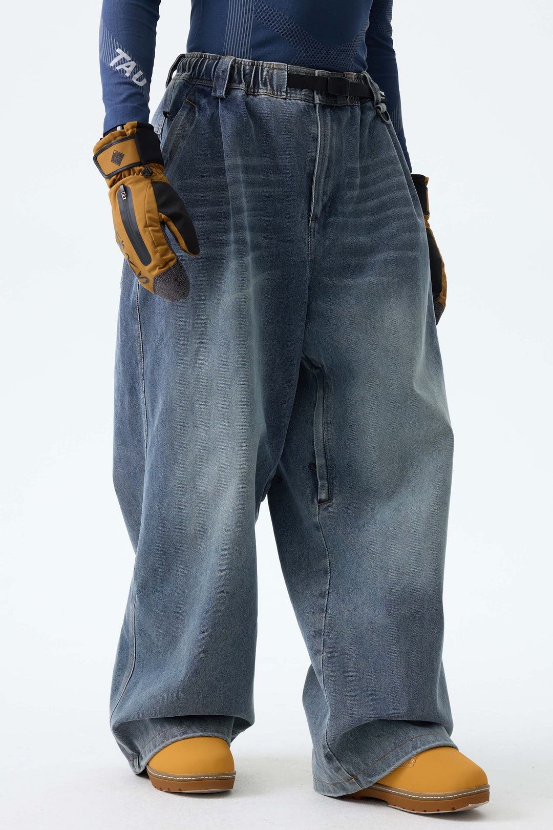 Men's Washed Black Real Denim Vintage-Wash Baggy Snow Pants