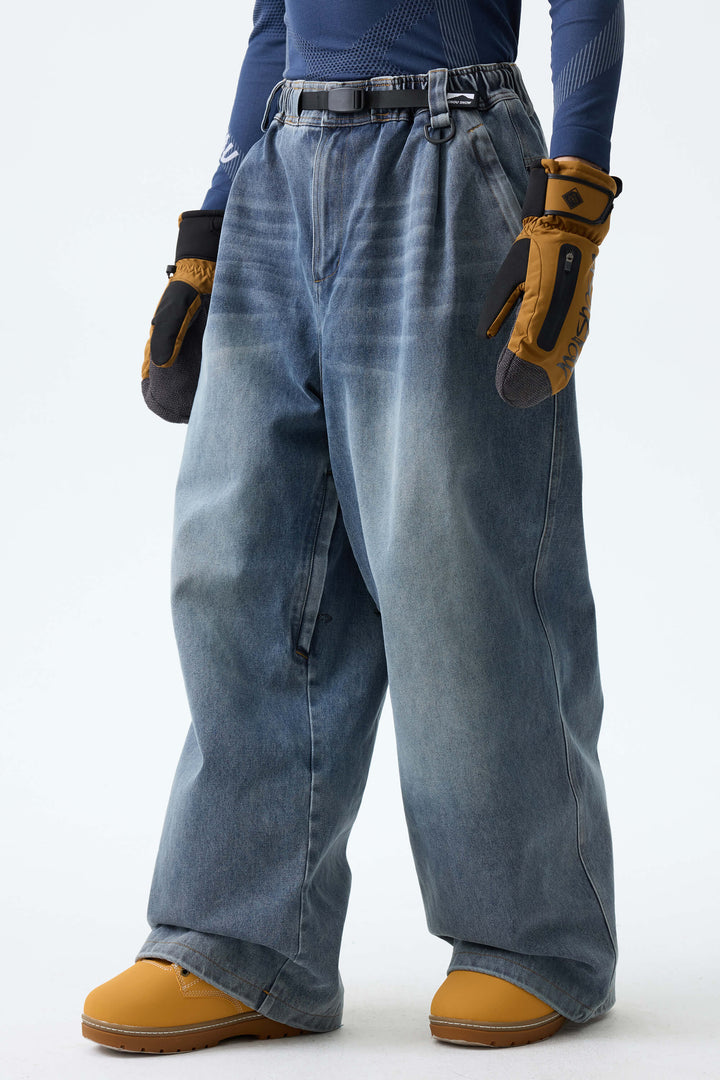 Men's Faded Indigo Real Denim Vintage-Wash Baggy Snow Pants