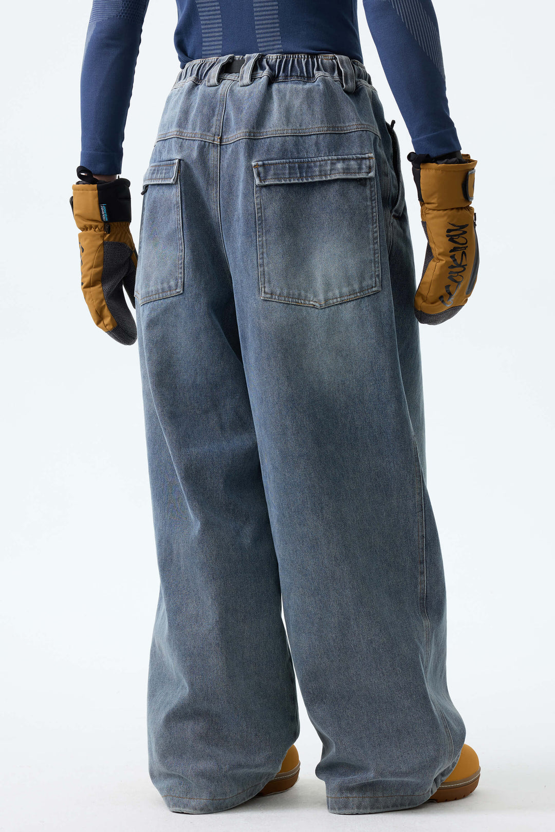 Men's Faded Indigo Real Denim Vintage-Wash Baggy Snow Pants