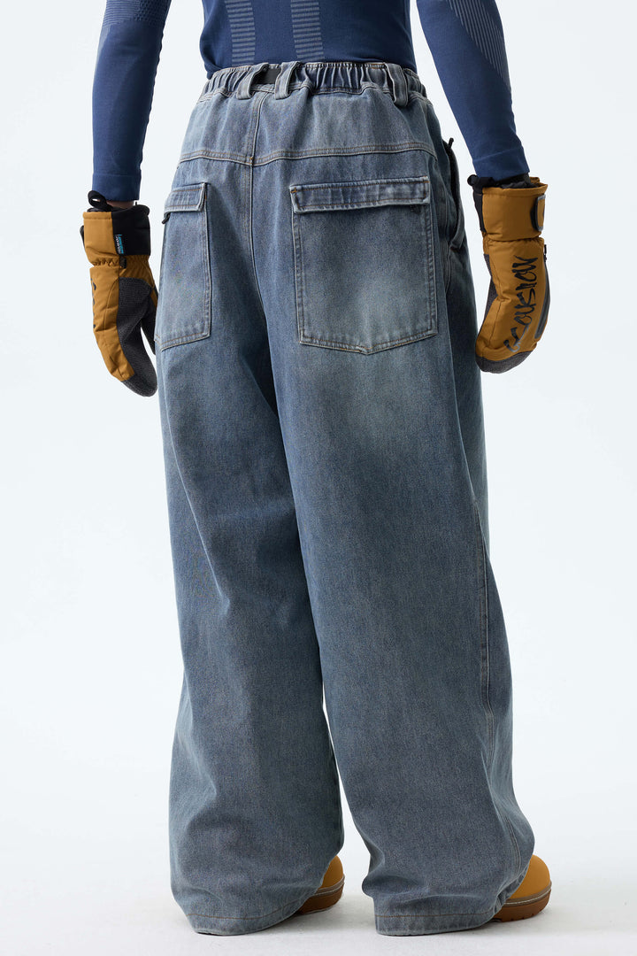 Men's Faded Indigo Real Denim Vintage-Wash Baggy Snow Pants