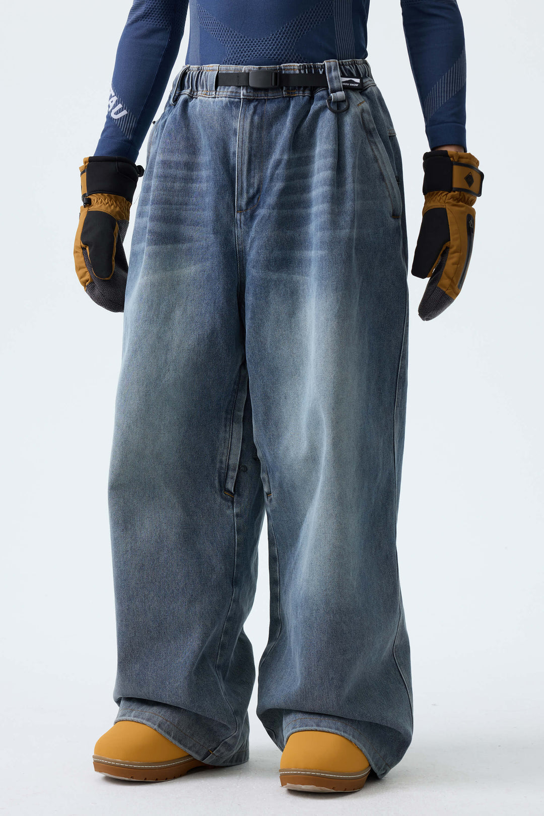 Men's Faded Indigo Real Denim Vintage-Wash Baggy Snow Pants