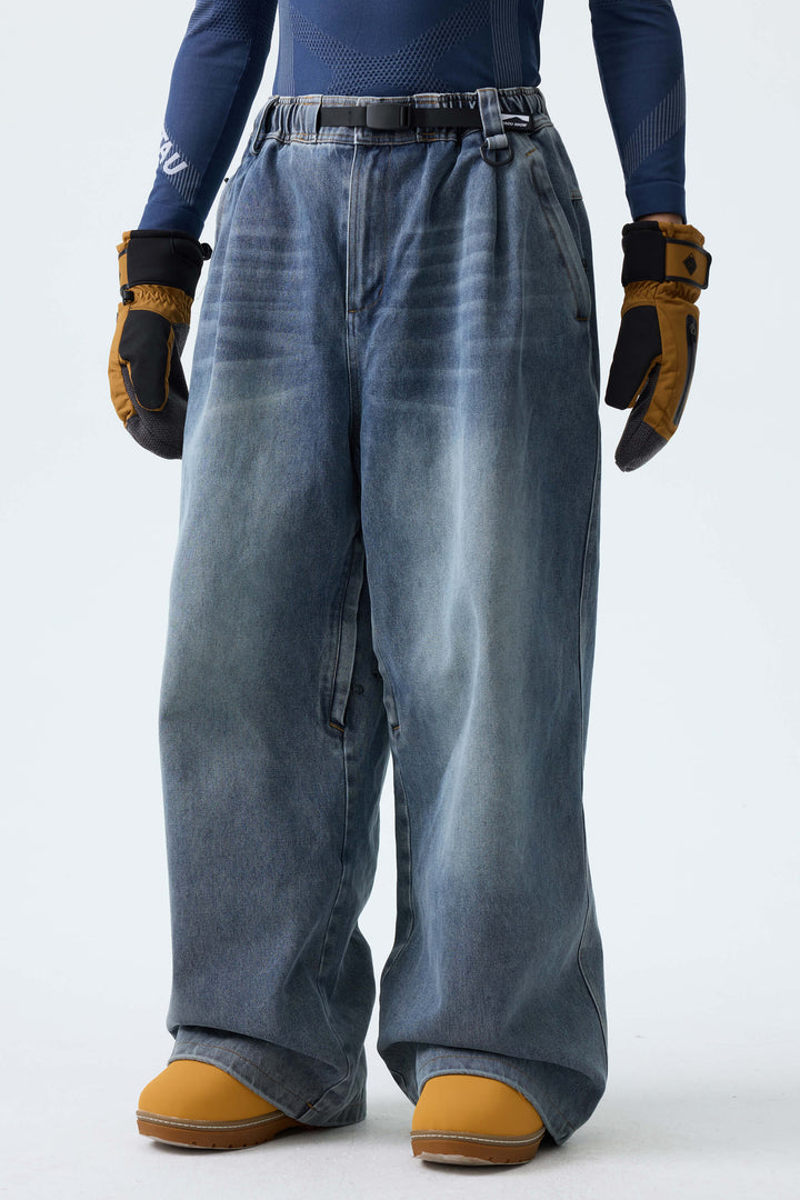 Men's Faded Indigo Real Denim Vintage-Wash Baggy Snow Pants
