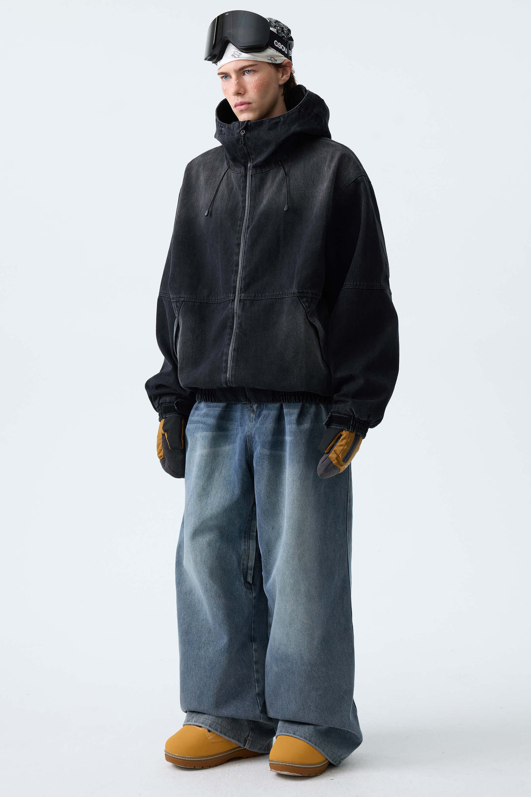 Men's Washed Black Real Denim Vintage-Wash Baggy Snow Pants