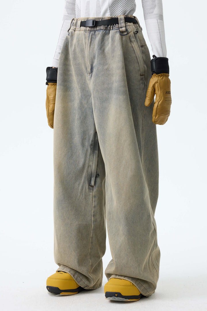 Women's Washed Black Real Denim Vintage-Wash Baggy Snow Pants
