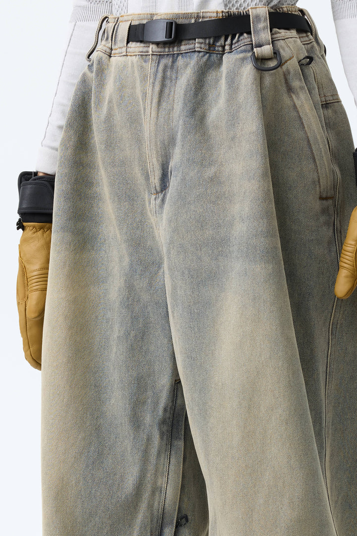 Women's Washed Olive Real Denim Vintage-Wash Baggy Snow Pants