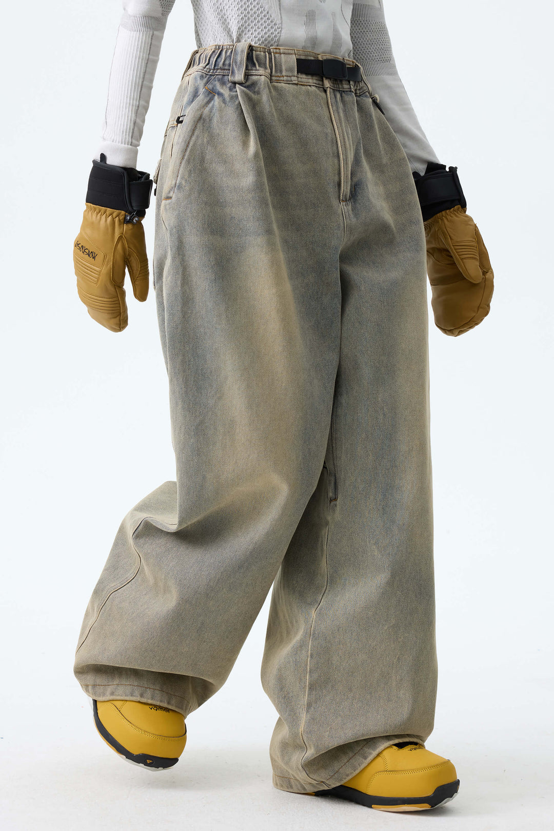 Women's Washed Black Real Denim Vintage-Wash Baggy Snow Pants