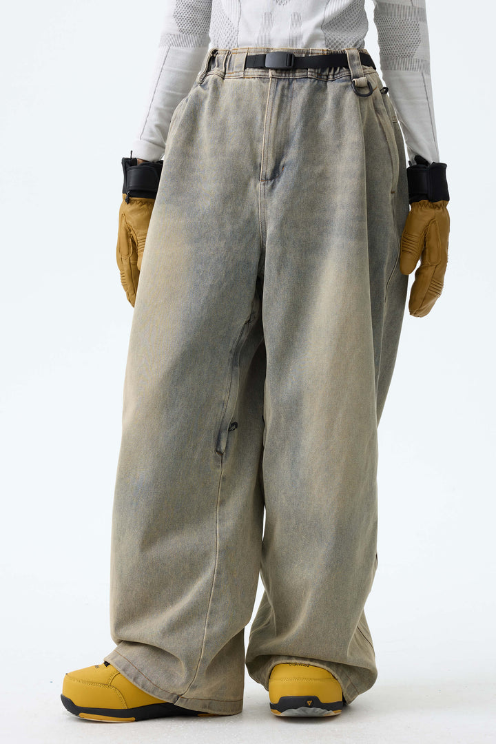 Women's Washed Olive Real Denim Vintage-Wash Baggy Snow Pants