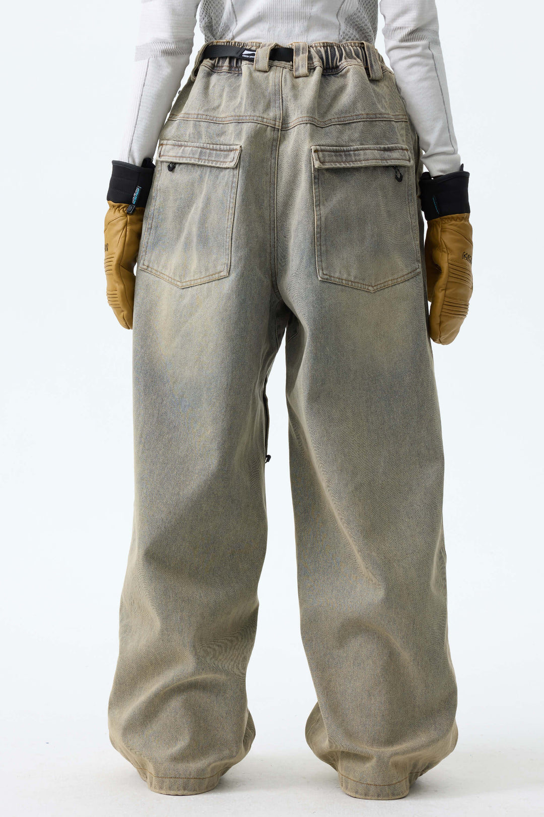 Women's Washed Olive Real Denim Vintage-Wash Baggy Snow Pants