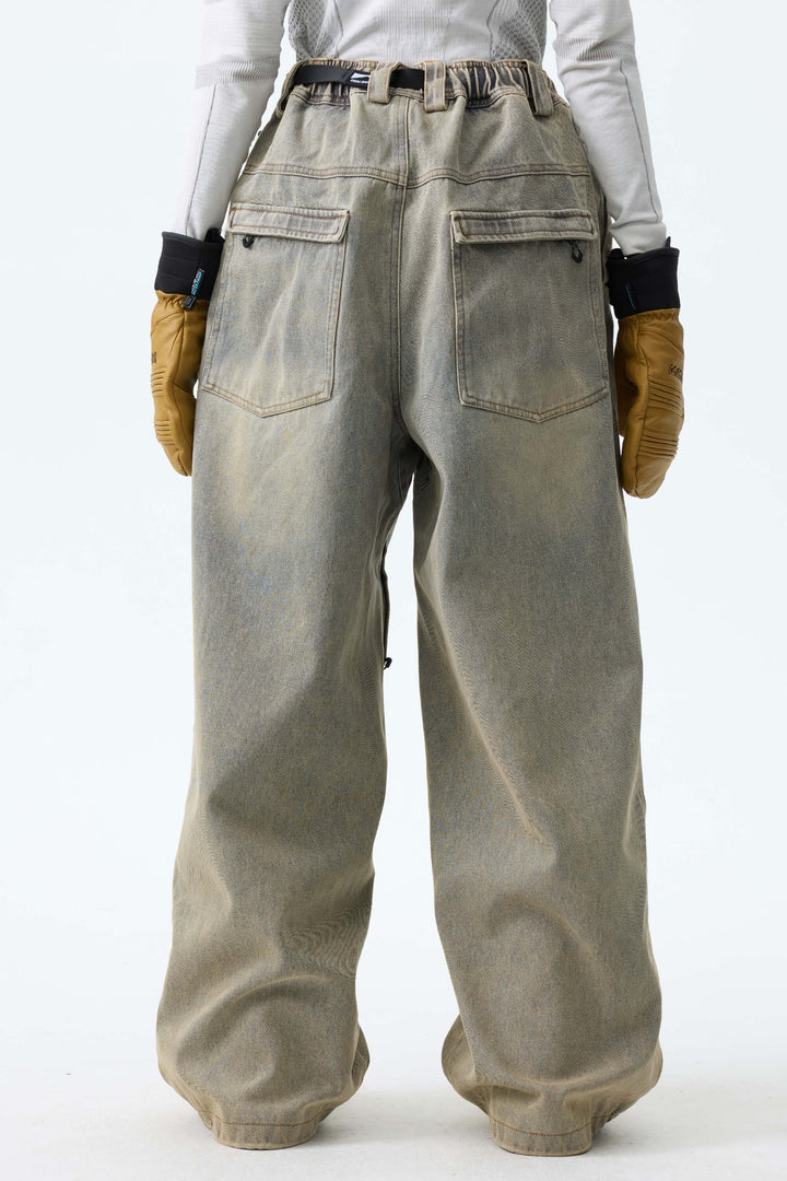 Women's Washed Olive Real Denim Vintage-Wash Baggy Snow Pants