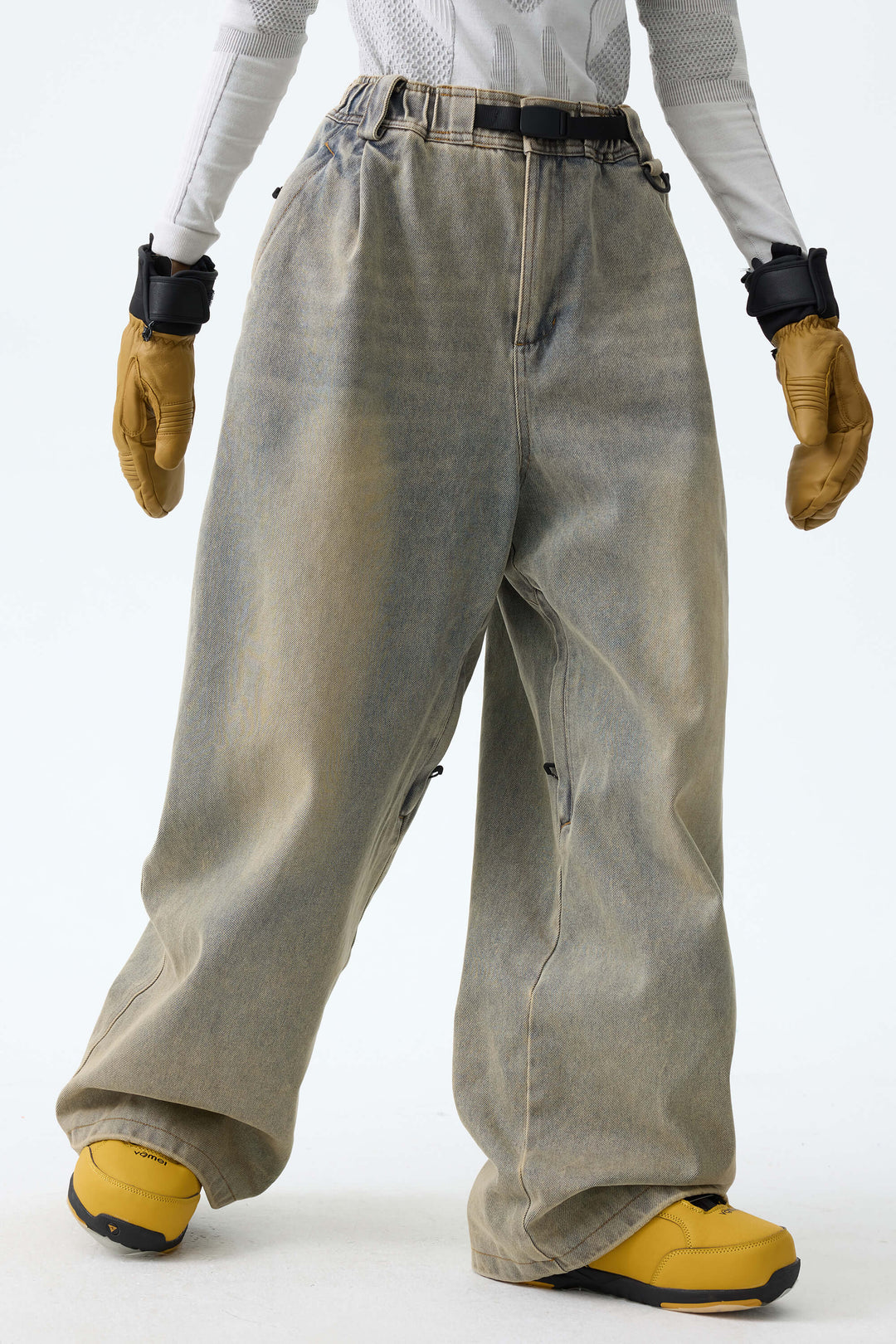 Women's Washed Olive Real Denim Vintage-Wash Baggy Snow Pants