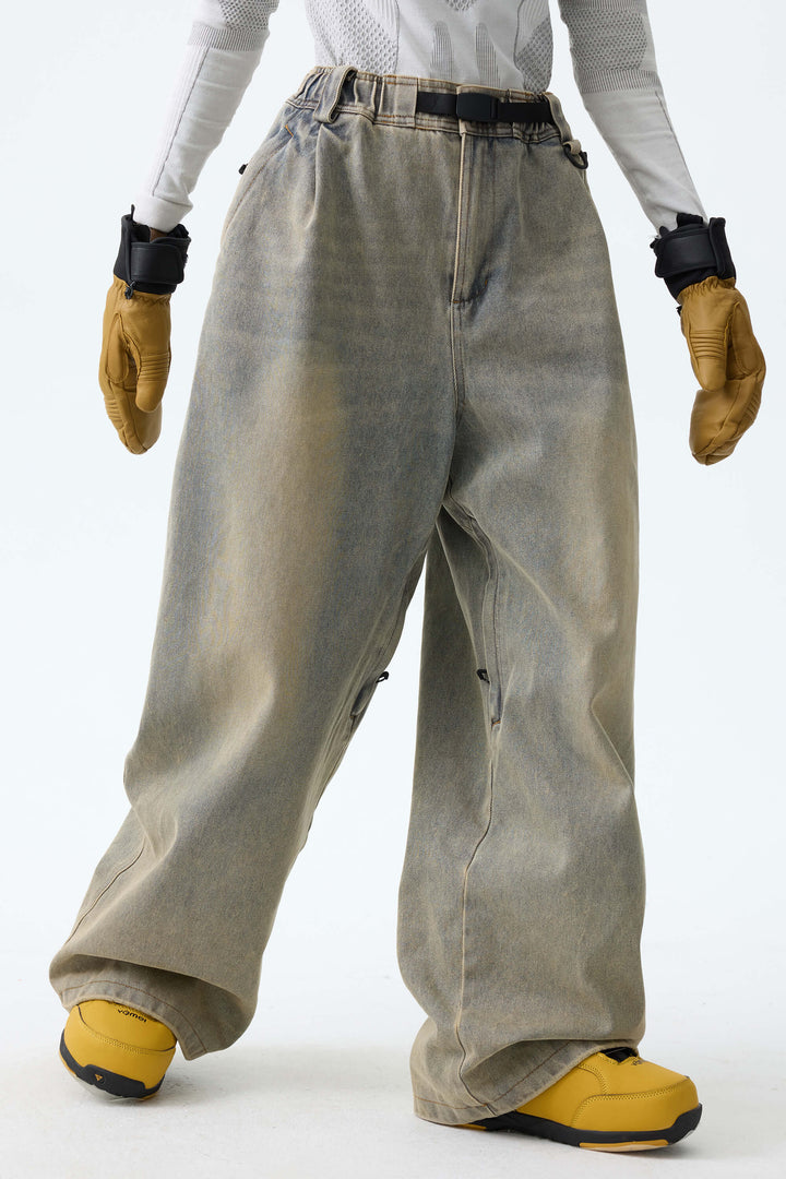 Women's Washed Olive Real Denim Vintage-Wash Baggy Snow Pants