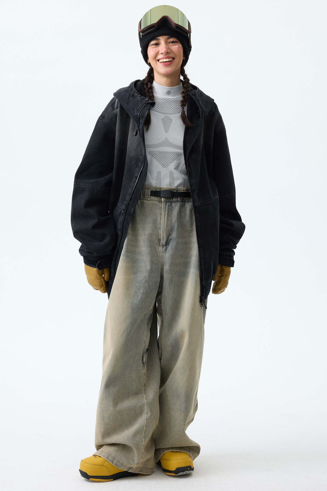 Women's Washed Black Real Denim Vintage-Wash Baggy Snow Pants