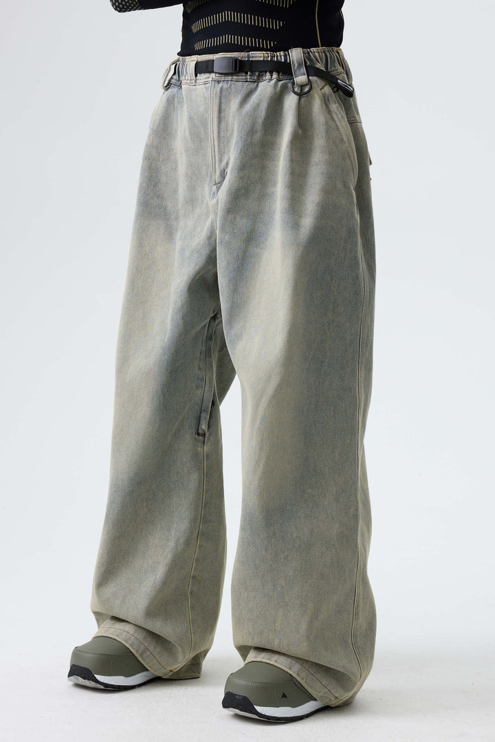 Men's Washed Black Real Denim Vintage-Wash Baggy Snow Pants