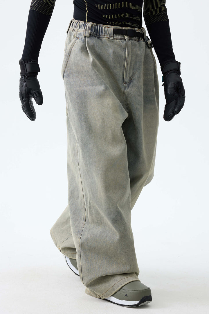 Men's Faded Indigo Real Denim Vintage-Wash Baggy Snow Pants