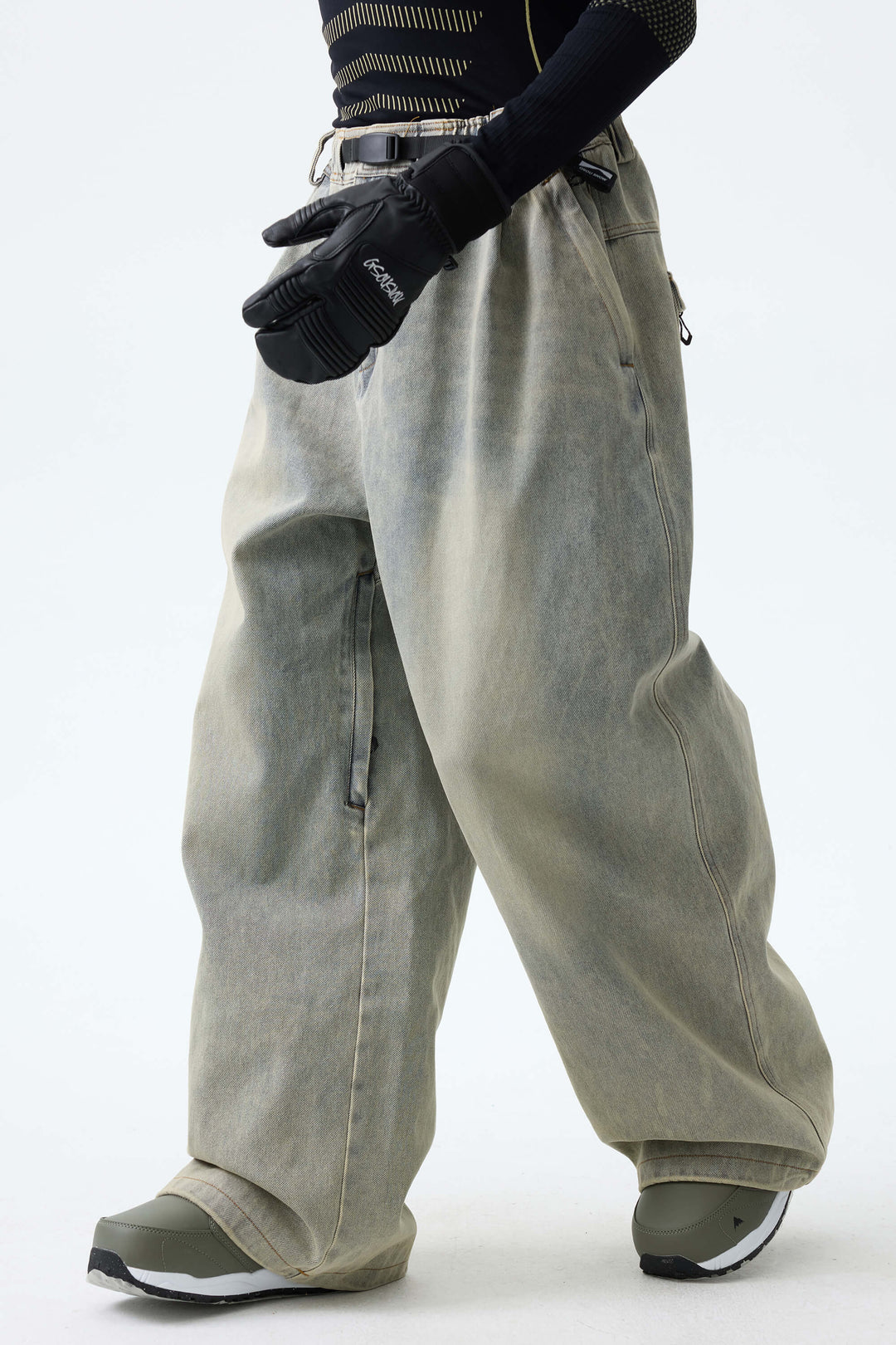 Men's Washed Black Real Denim Vintage-Wash Baggy Snow Pants