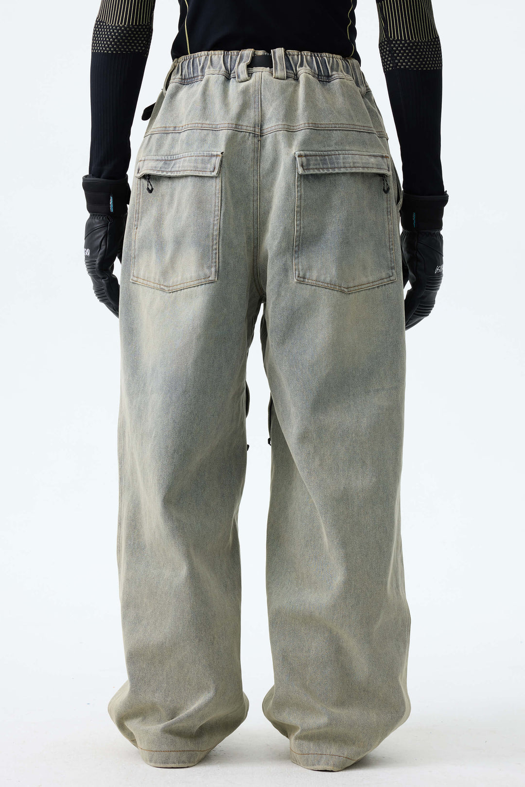 Men's Washed Olive Real Denim Vintage-Wash Baggy Snow Pants
