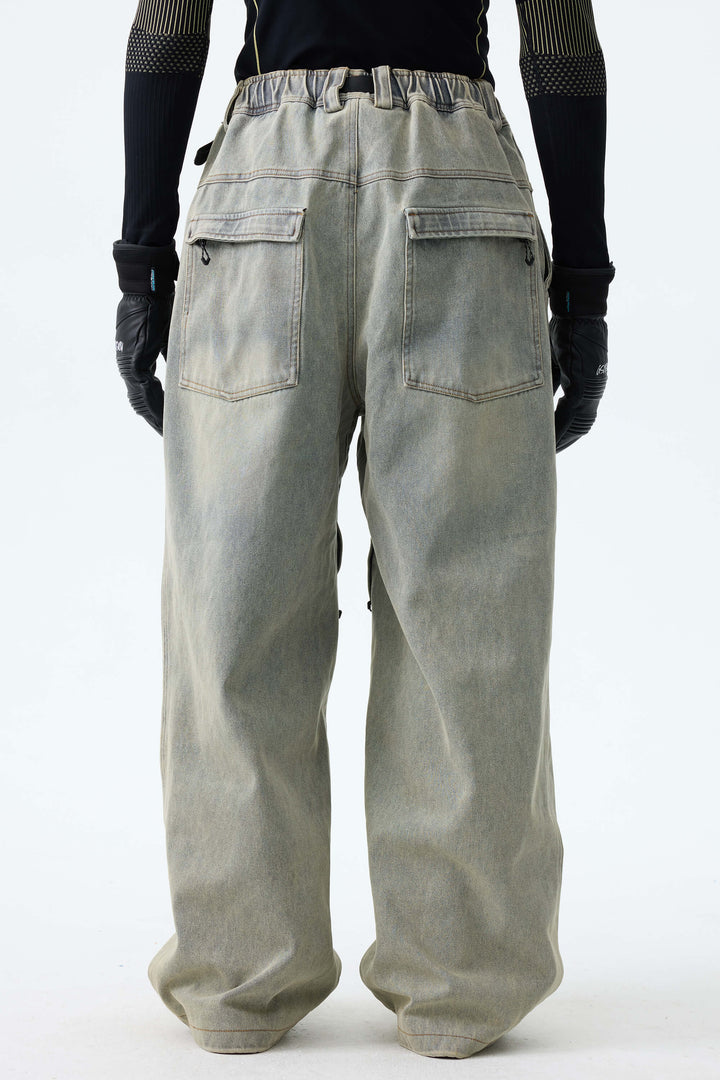 Men's Washed Olive Real Denim Vintage-Wash Baggy Snow Pants