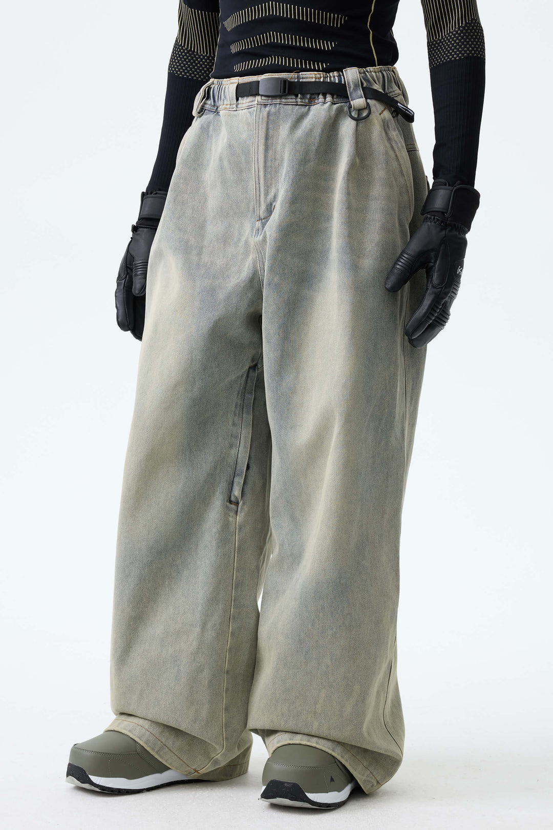 Men's Washed Olive Real Denim Vintage-Wash Baggy Snow Pants