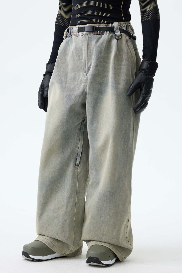 Men's Washed Olive Real Denim Vintage-Wash Baggy Snow Pants