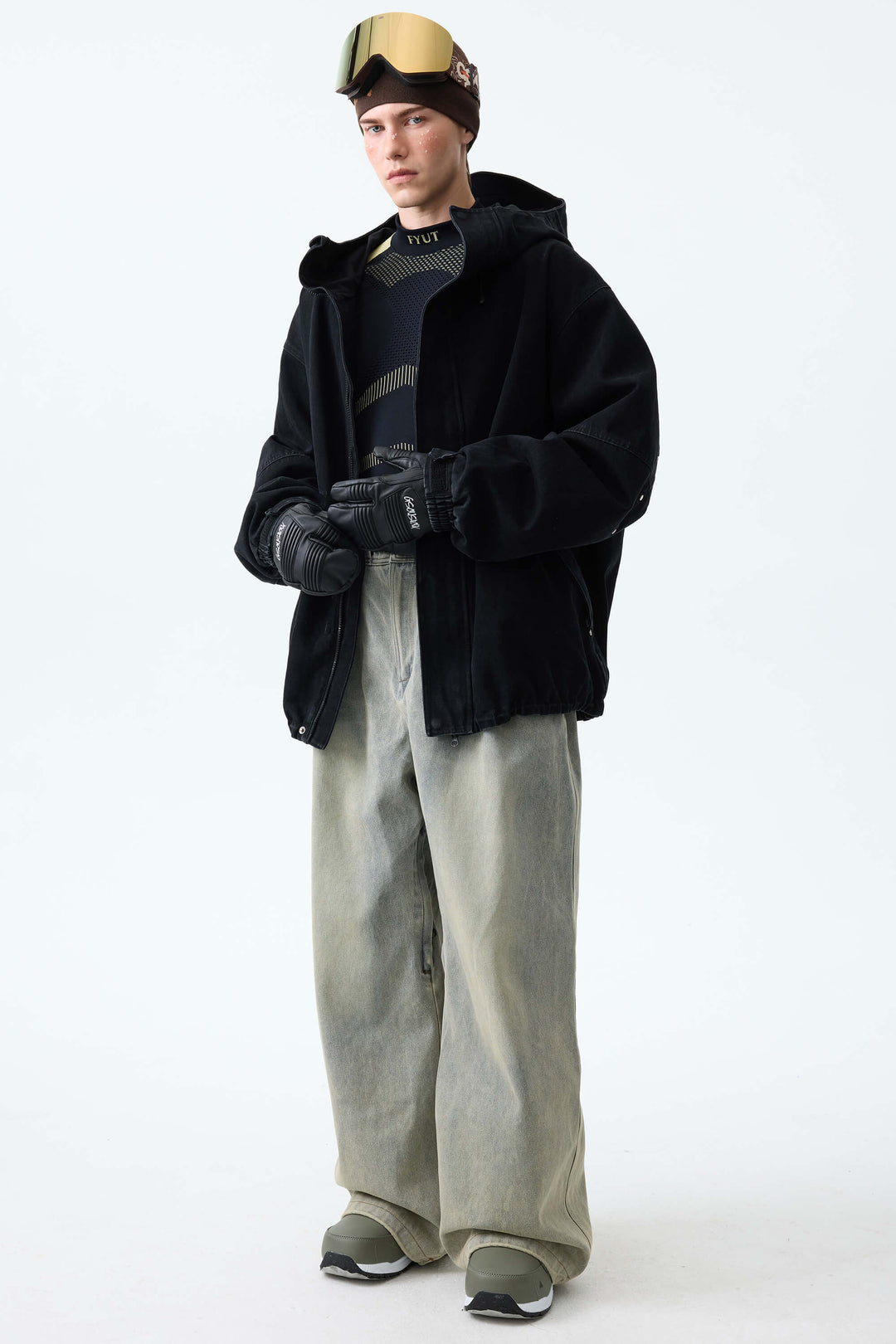 Men's Washed Black Real Denim Vintage-Wash Baggy Snow Pants
