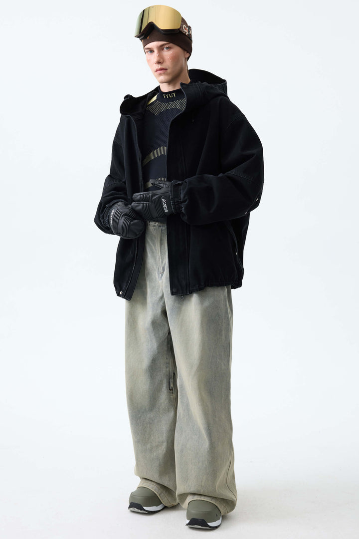 Men's Washed Black Real Denim Vintage-Wash Baggy Snow Pants