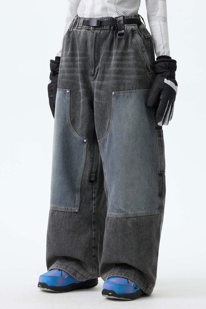 Women's Washed Olive Real Denim Utility-Panel Baggy Snow Pants
