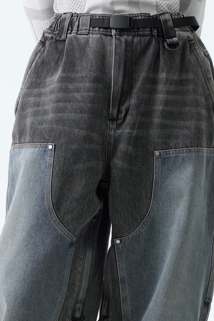 Women's Washed Charcoal Real Denim Utility-Panel Baggy Snow Pants