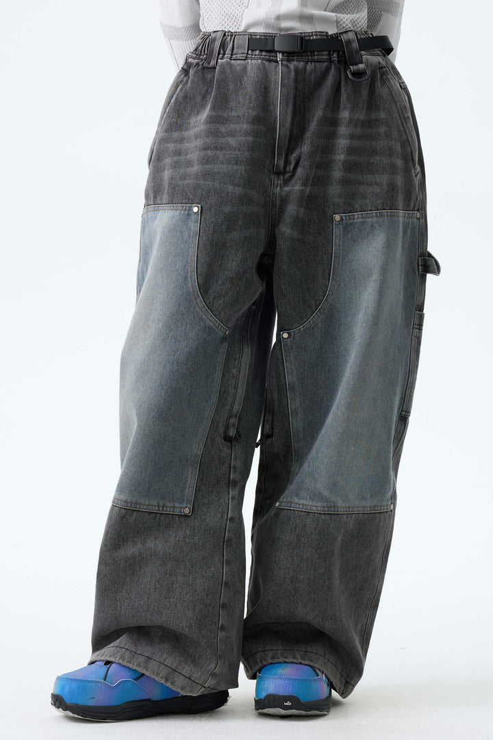 Women's Washed Charcoal Real Denim Utility-Panel Baggy Snow Pants